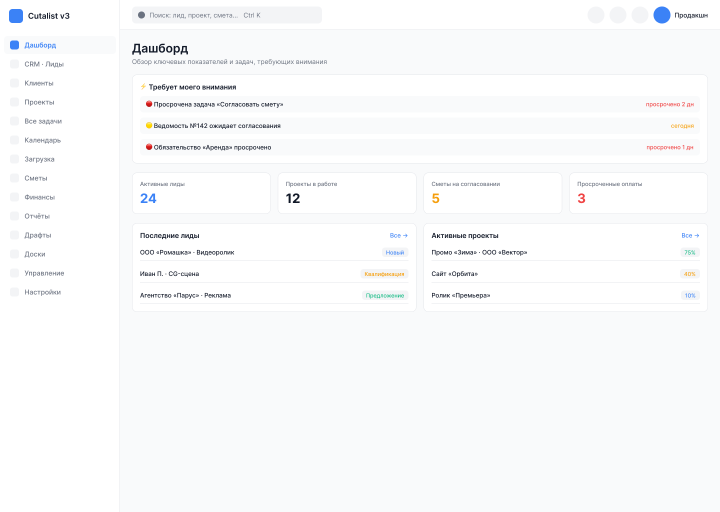 Дашборд Cutalist: KPI по лидам и проектам, блок «требует внимания», лента активности